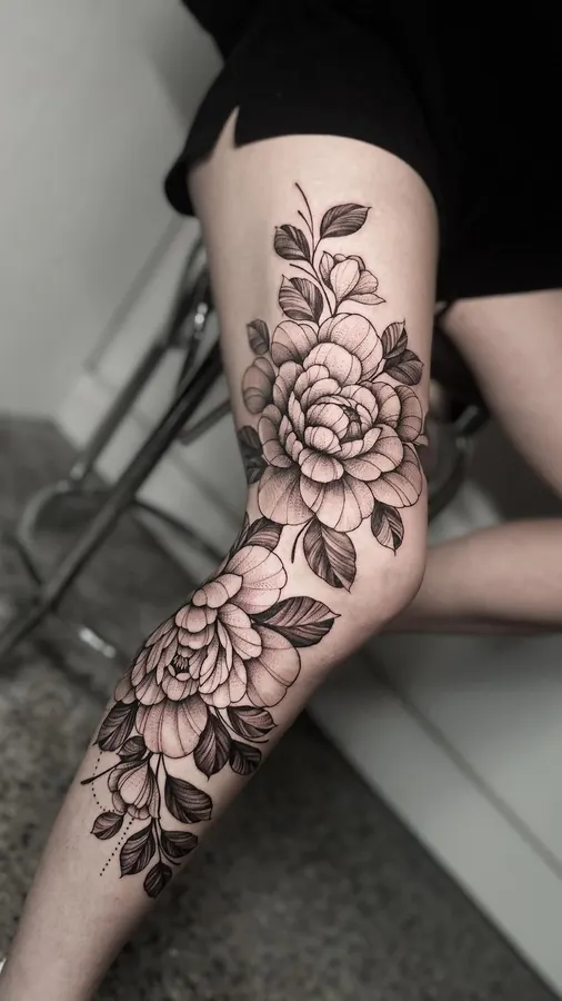 Grande pièce florale en noir et gris.