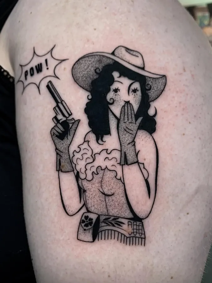 Personnage de cowgirl au trait illustratif.